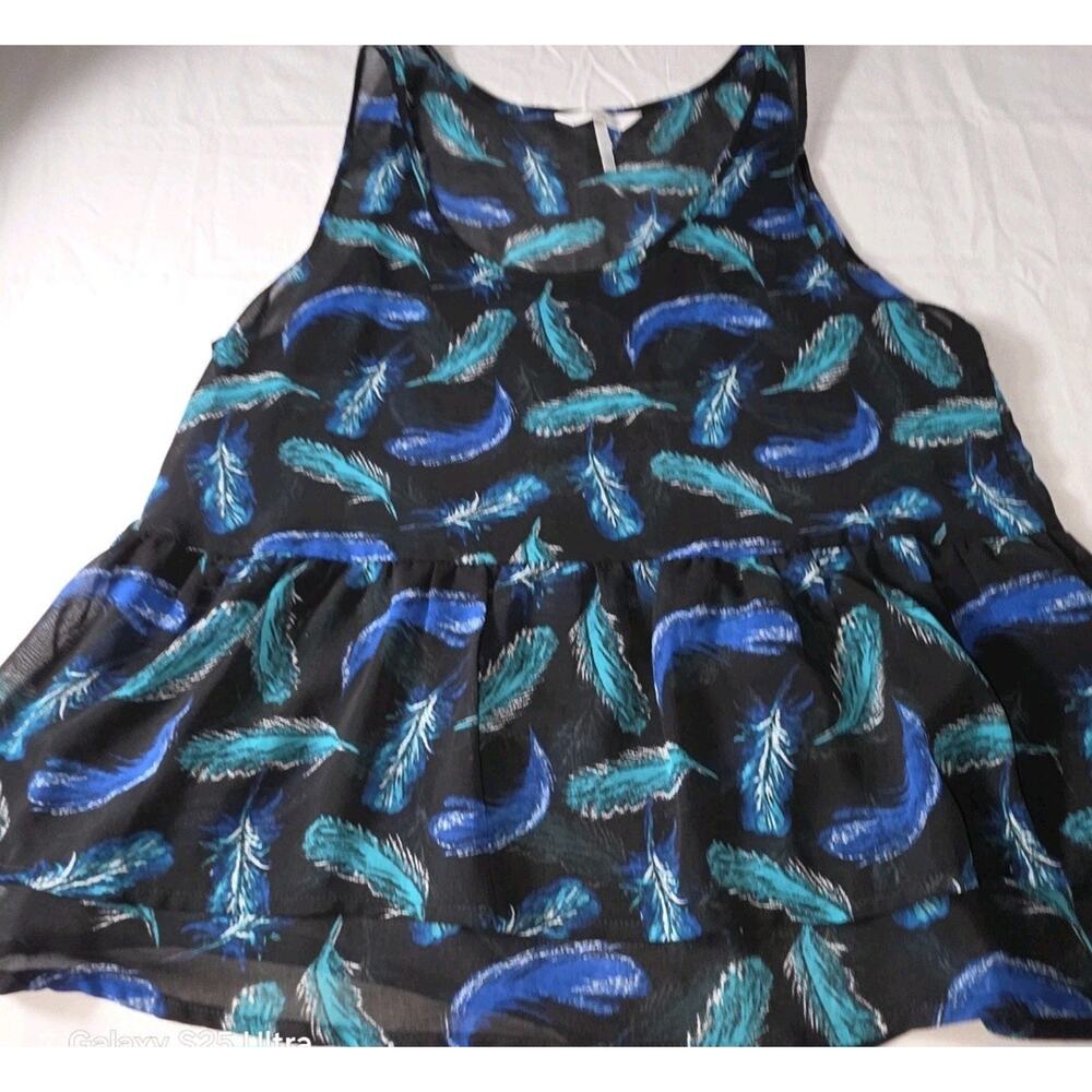 Kirra Womans Small Top Feathers Blue Green Summer Boho Sheer Layering‎